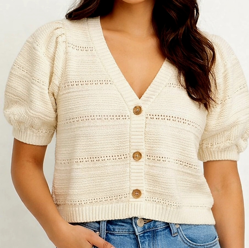 NWT House of Harlow 1960 Cream Puff Sleeve Knit Cardigan Boho Cottagecore L $168